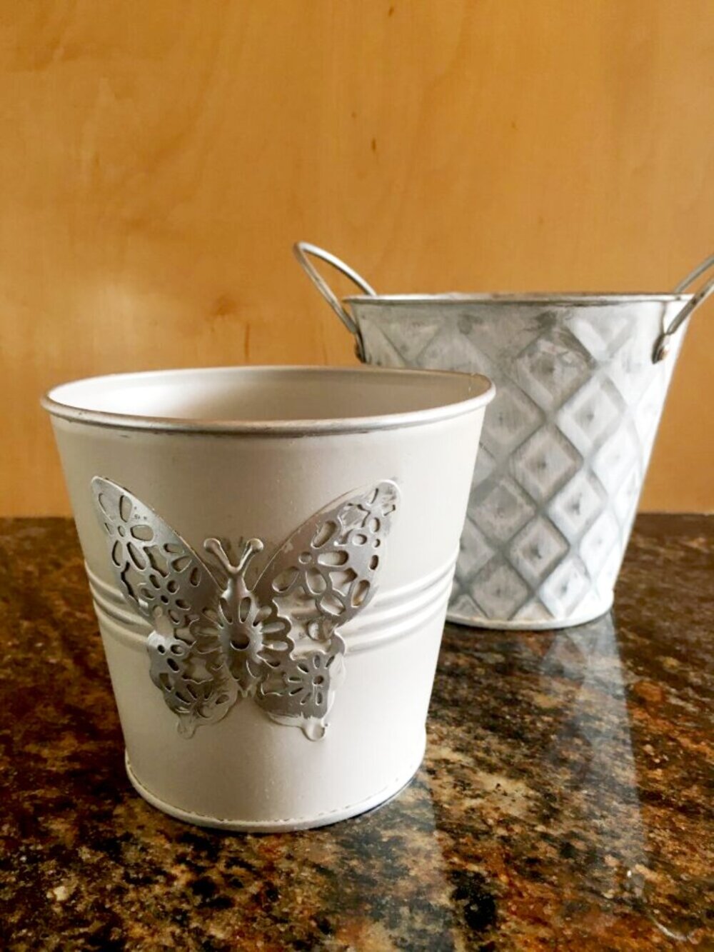 Two Vintage Shabby Chic Tin Flower Pot Planters Diamonds & Metal Butterfly